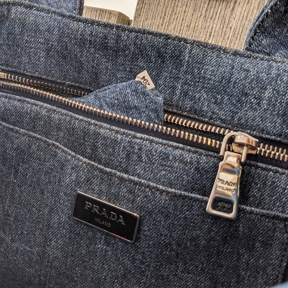 Prada: Denim Rhinestone Bijoux Canapa Crossbody Tote Bag ๐ - Picture 12 of 17